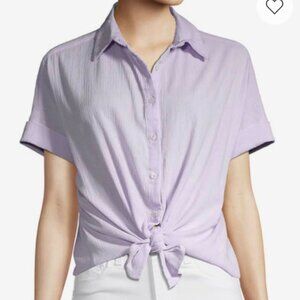 Lord & Taylor Cropped Tie Front Button Down Lilac Short Sleeve Shirt XS